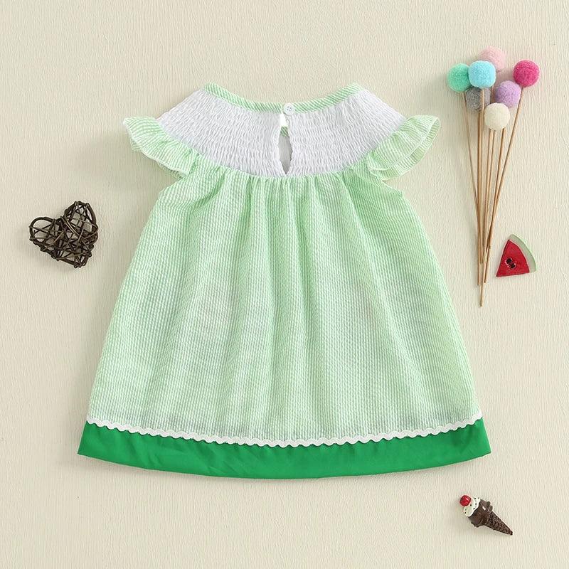 Green and white watermelon baby dress with ruffle sleeves and green hem for infants