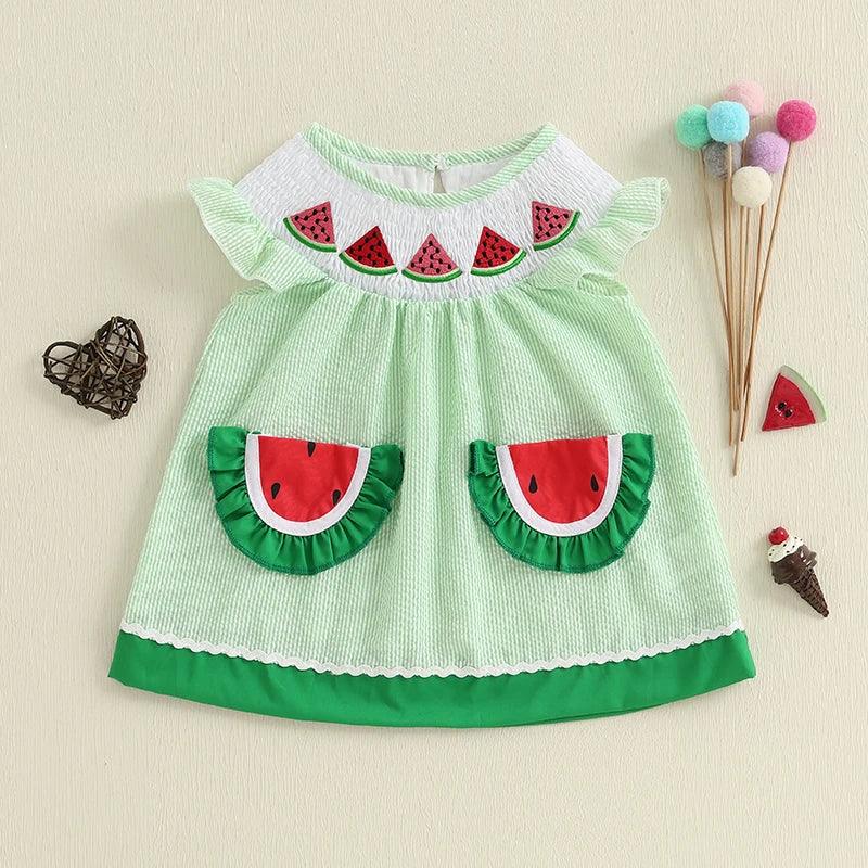 Green baby watermelon baby dress with ruffle sleeves and watermelon slice pockets for infants