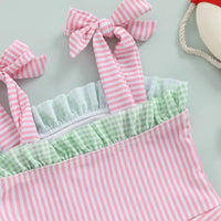 Pink and green striped watermelon baby swimsuit made of soft breathable fabric with bow shoulder straps