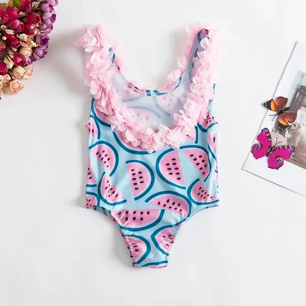 Watermelon baby swimsuit with pink ruffle trim in blue and pink for infants and toddlers