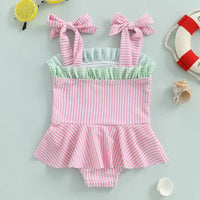 Pink and green striped cotton watermelon baby swimsuit with bow straps and ruffle skirt