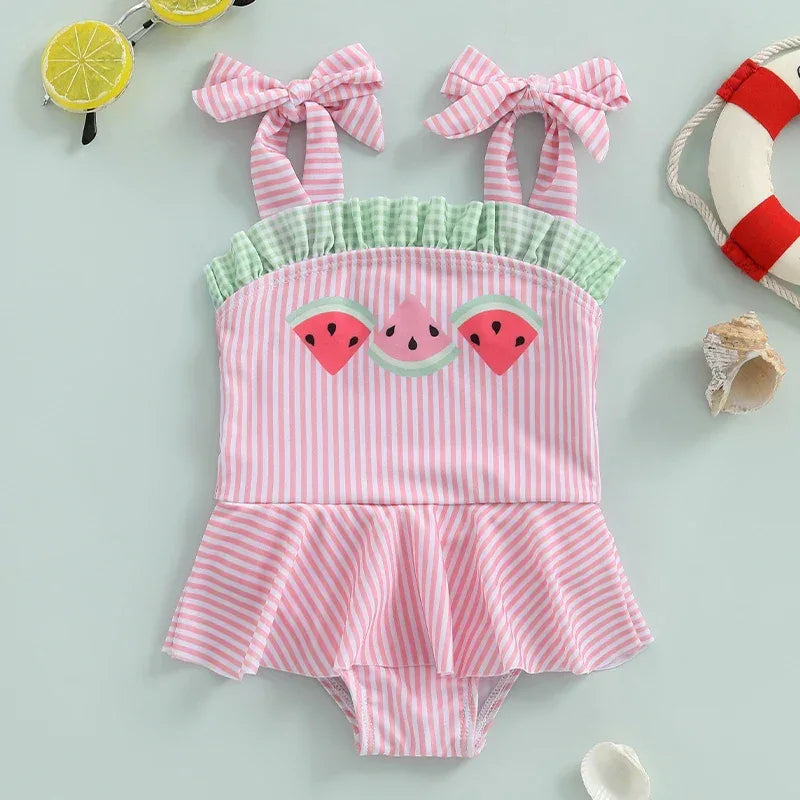 Pink and green cotton watermelon baby swimsuit with stripes and bow shoulder straps for toddlers