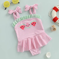 Pink and green striped watermelon baby swimsuit made of soft cotton with ruffle and bow straps