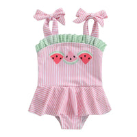 Pink and green striped cotton watermelon baby swimsuit with bow straps and ruffle detail