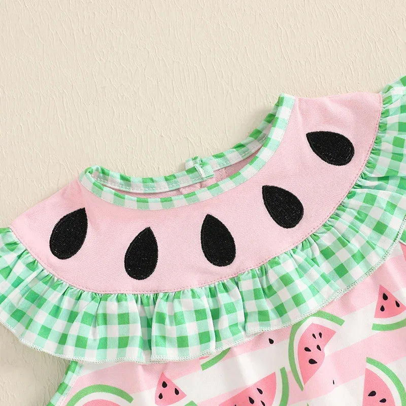 toddler girls pink and green watermelon print romper with ruffled collar and black seed details