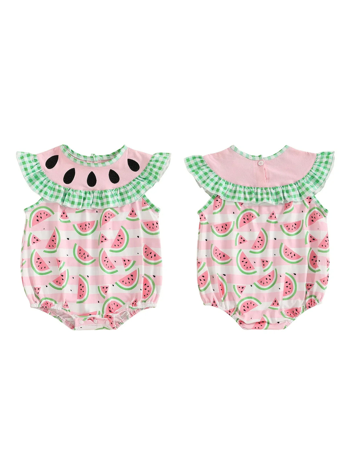 Baby pink watermelon print romper with green gingham ruffle collar for infants