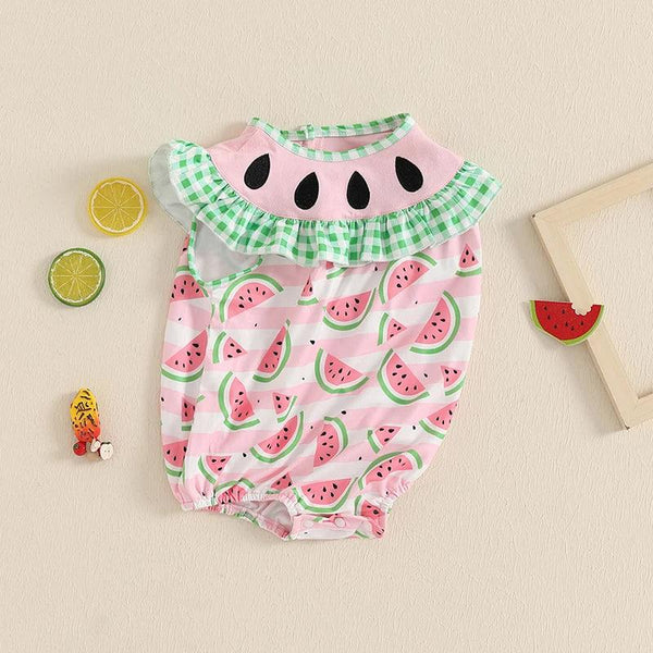 baby romper with pink watermelon print and green checkered ruffle collar for infants