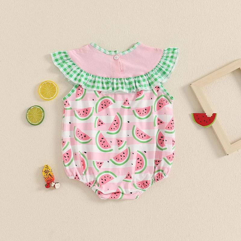 Baby romper with pink and green watermelon print and green plaid ruffle collar for infants