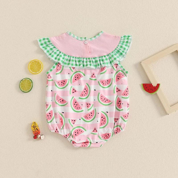 Baby romper with pink and green watermelon print and green plaid ruffle collar for infants