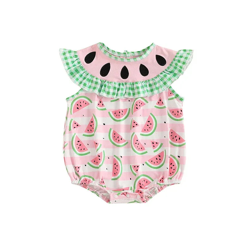 baby romper with pink watermelon print and green checkered ruffle collar sleeveless
