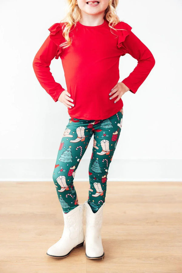Mila & Rose girls green western girls leggings with cowboy boots and holiday print for kids