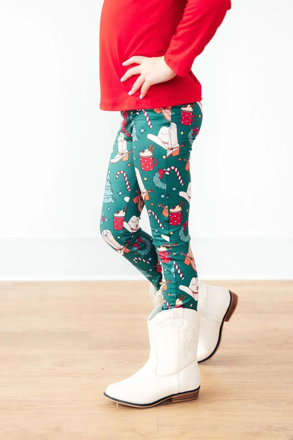 Mila & Rose girls green western girls leggings with holiday print and white cowboy boots