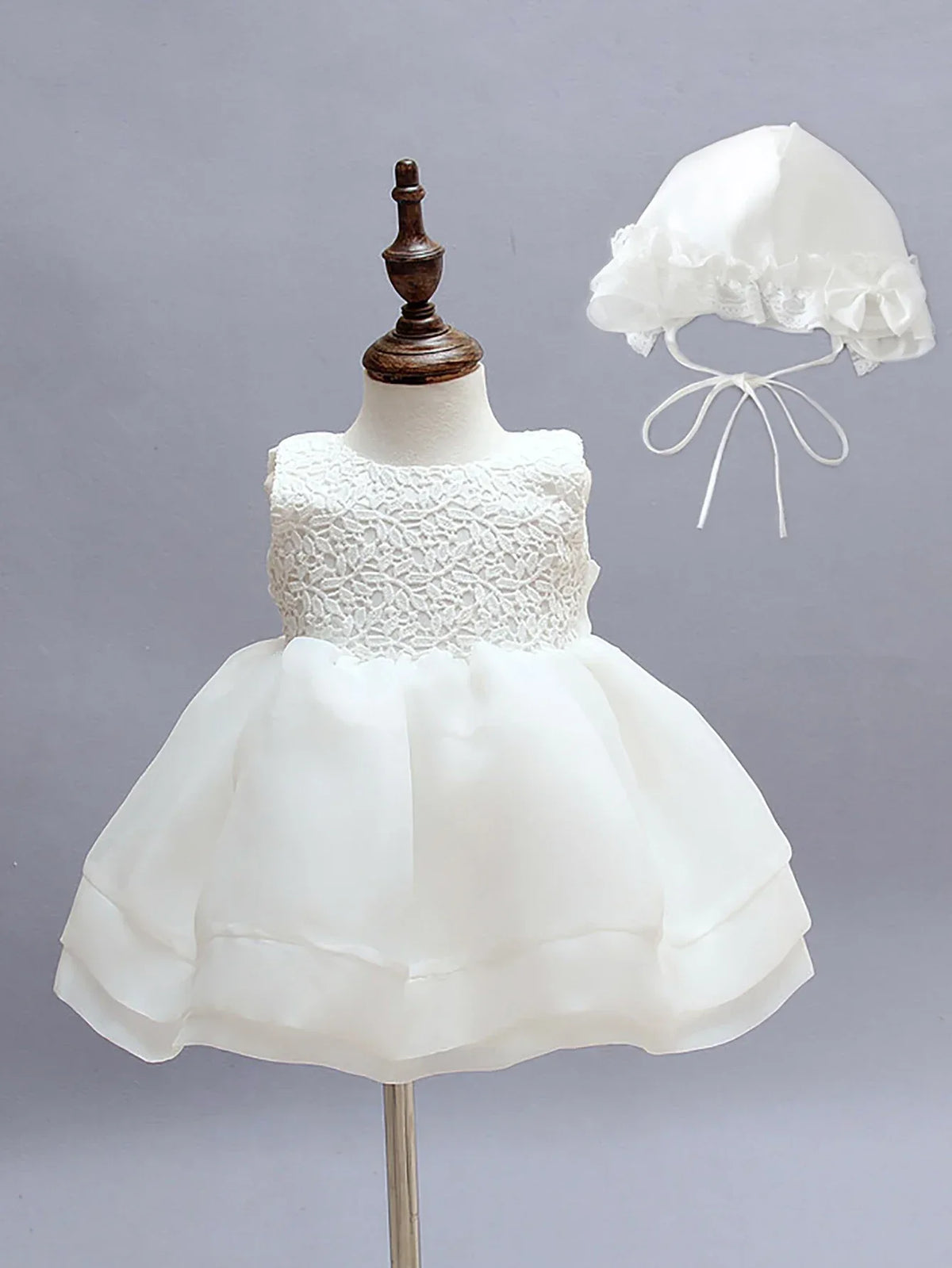 white chiffon baby dress set with lace bodice and matching bonnet for infant girls
