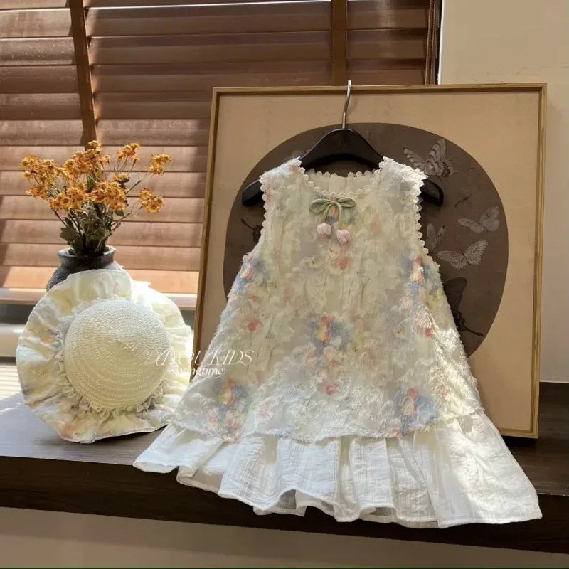 White and pastel floral elegant summer dress for toddlers with layered skirt and pompom detail