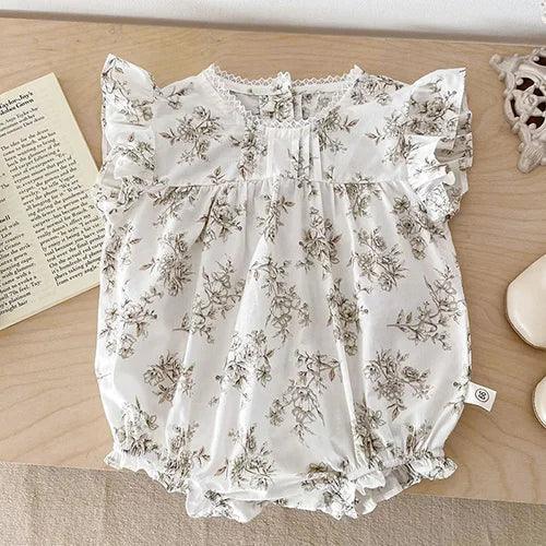 white floral baby bubble romper with ruffle sleeves for infants