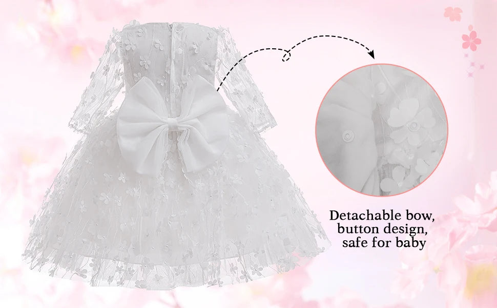 white flower girl dress with headband baby baptism gown featuring detachable bow and floral lace details