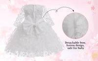 white flower girl dress with headband baby baptism gown featuring detachable bow and floral lace details