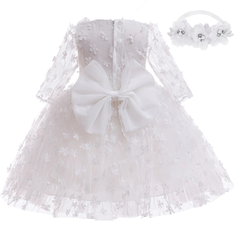 white flower girl dress with headband baby gown with floral lace and large bow for baptism