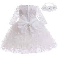 white flower girl dress with headband baby gown with floral lace and large bow for baptism