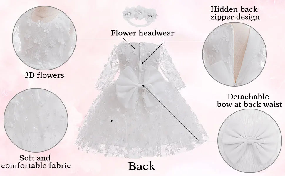 White flower girl dress with headband featuring 3D flowers and detachable bow for baby baptism