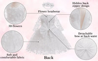 White flower girl dress with headband featuring 3D flowers and detachable bow for baby baptism