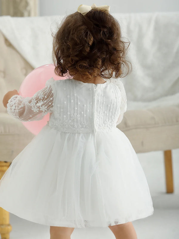 white lace occasion dress for little girls toddler with sheer embroidered sleeves and full skirt