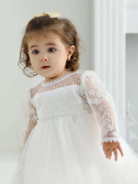 White lace occasion dress for little girls, babies toddler size with sheer long sleeves and floral details