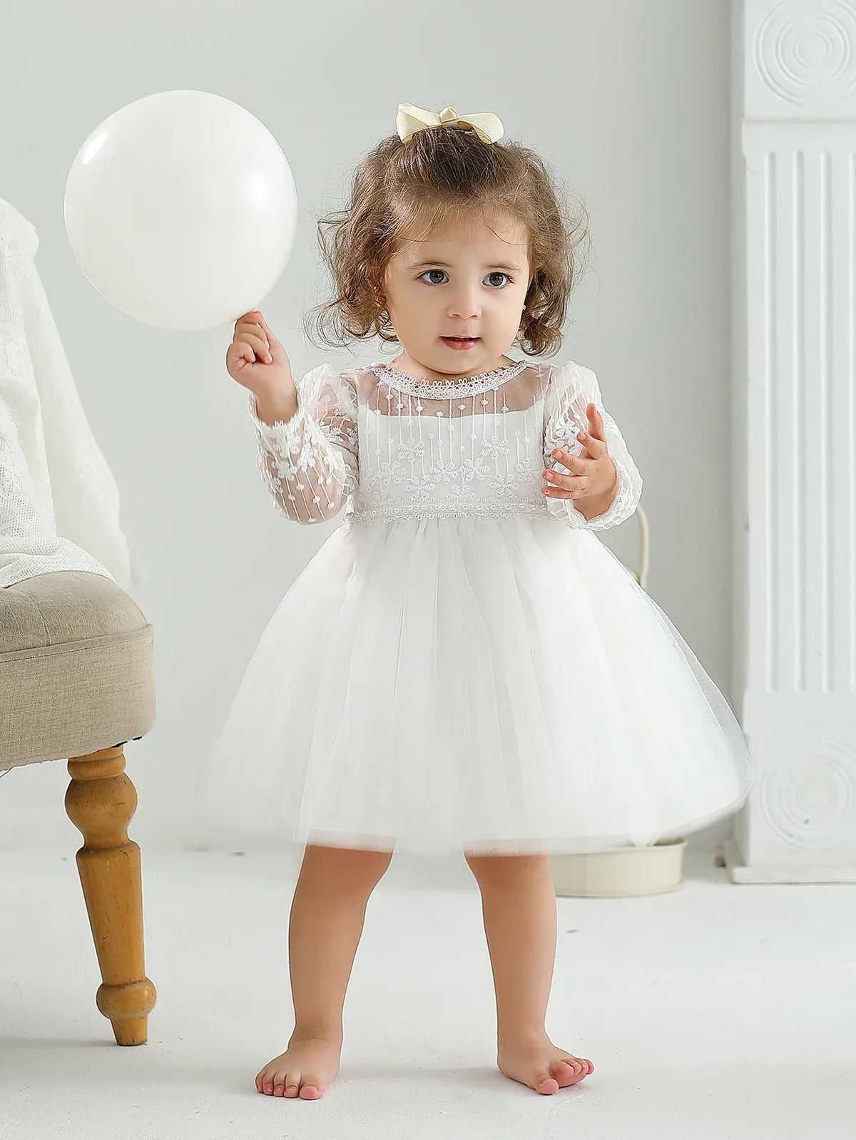 white lace occasion dress for little girls toddler with sheer long sleeves and tulle skirt