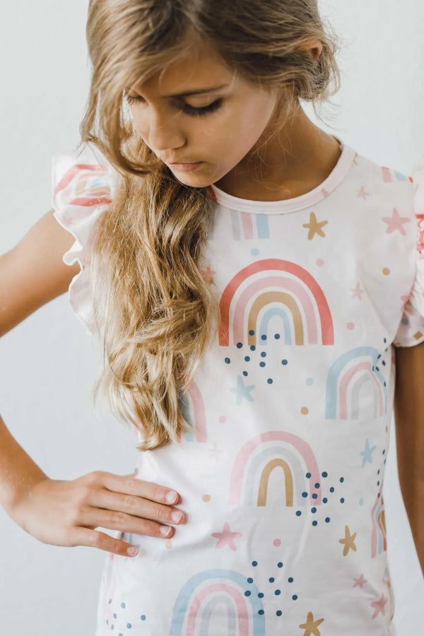 Girls white ruffle tee with colorful rainbow and star print short sleeve by Mila and Rose