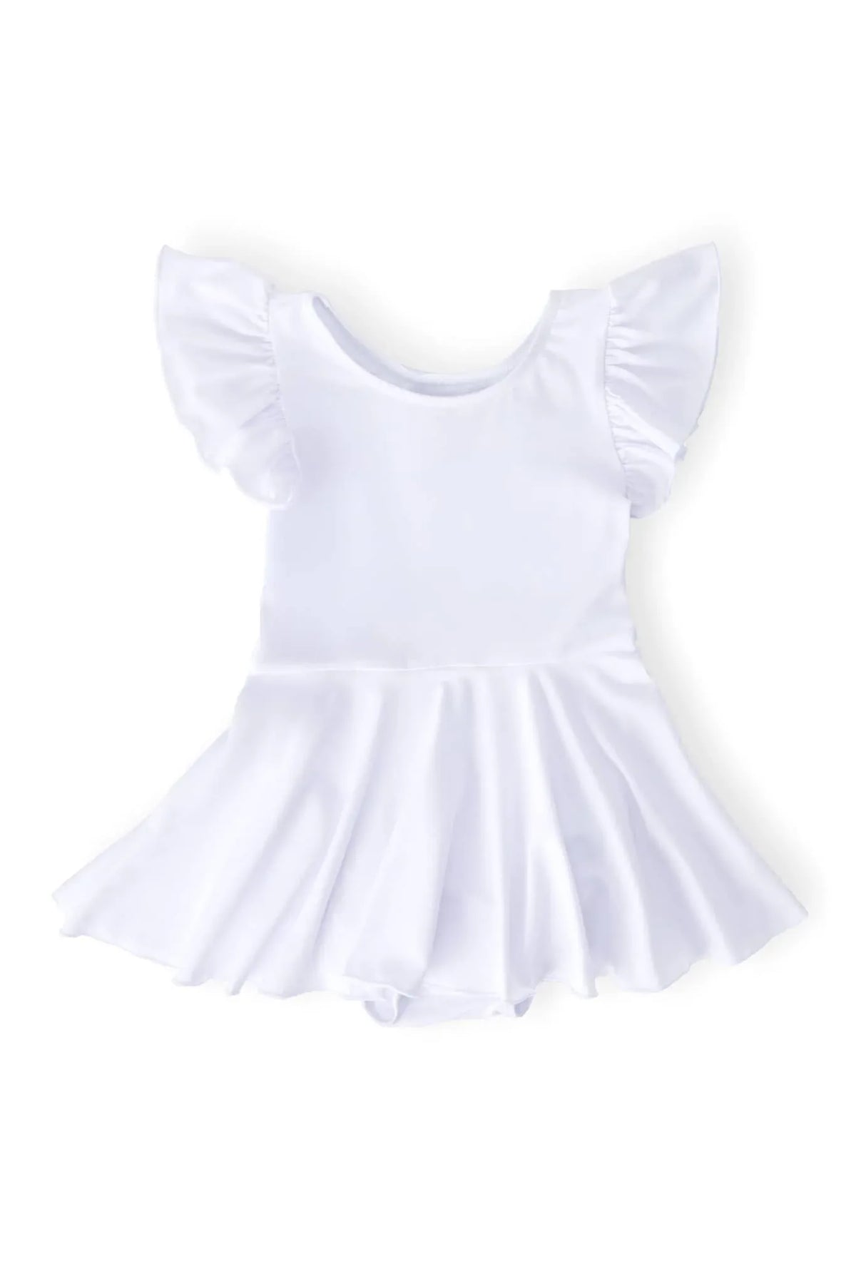white twirl leotard for girls with short flutter sleeves and skirt in small size