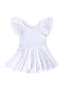 white twirl leotard for girls with short flutter sleeves and skirt in small size