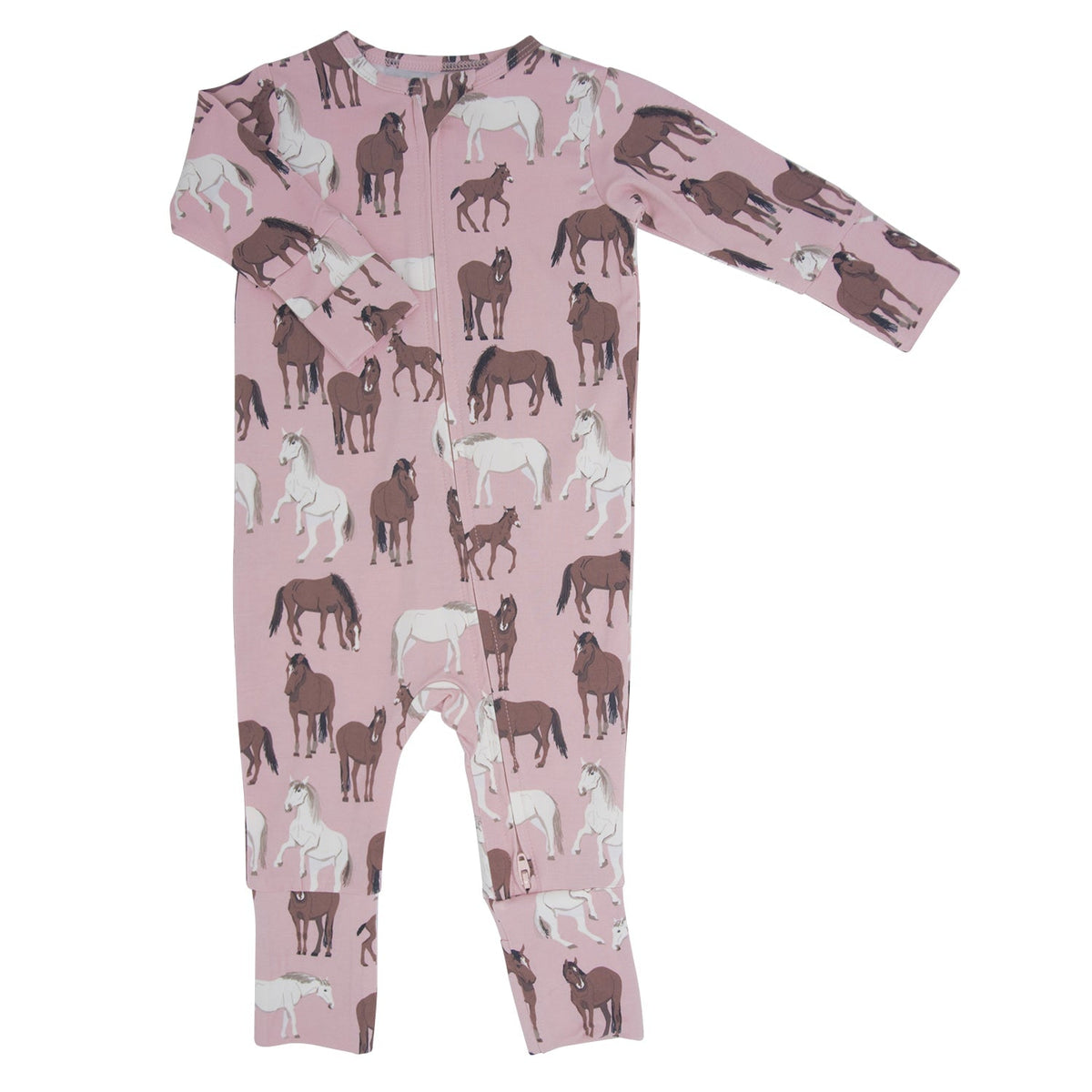 Children's onesie with horse pattern on a pink background