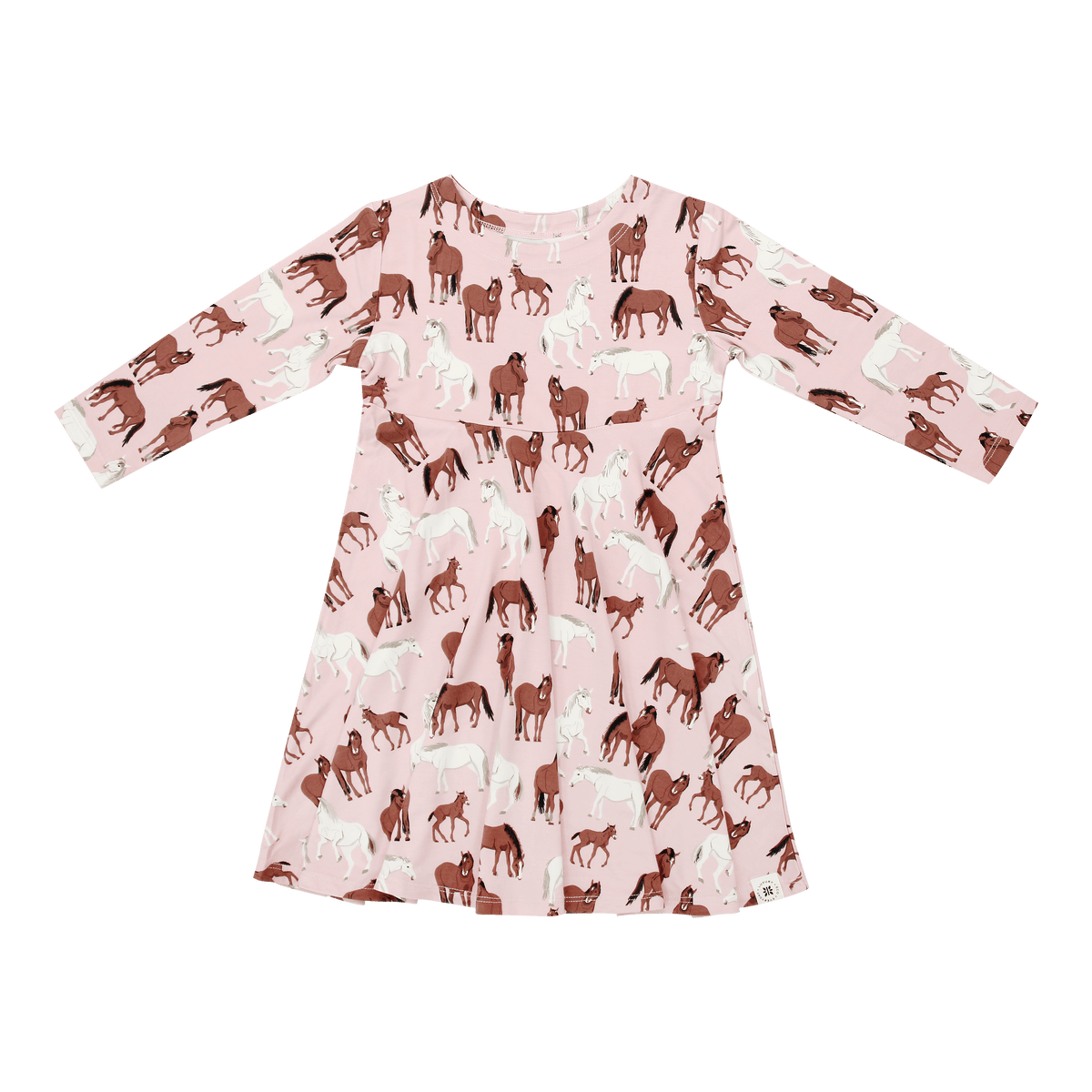 A long-sleeve pink dress with an allover print of horses in brown, white, and dark brown, shown flat against a solid white background.