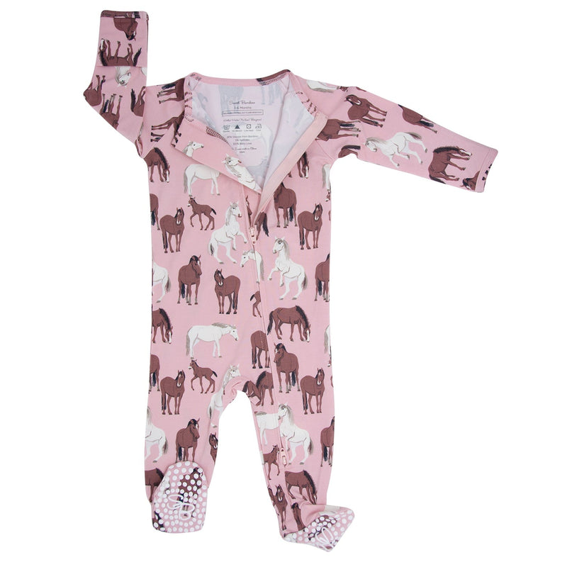 Wild Horses Zipper Footie pink with horse print, 2-way zipper, silicone-grip foot pads, fold-over cuffs.