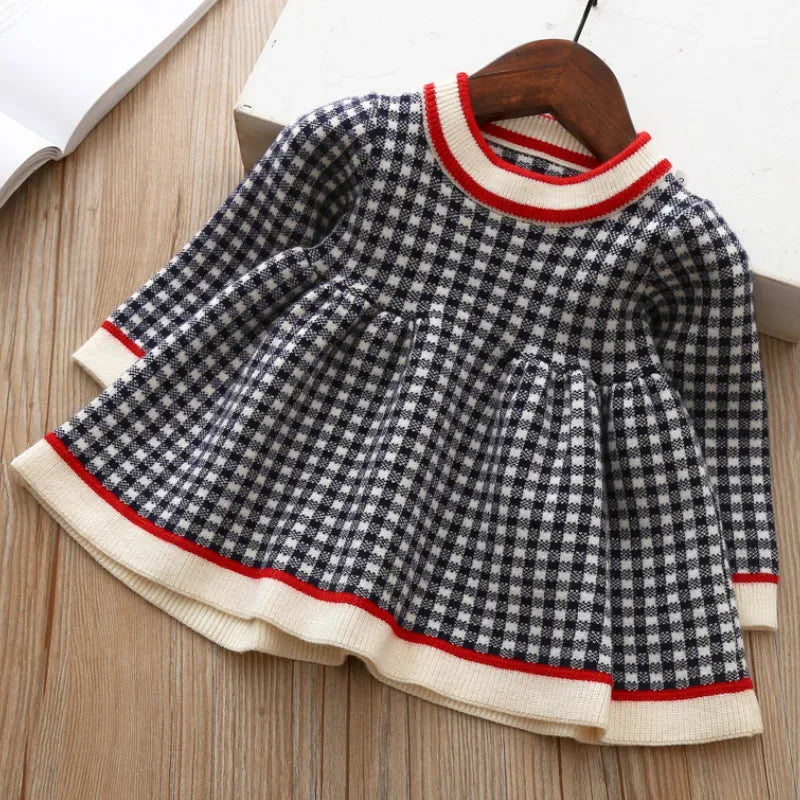 Girls black and white checkered winter knit dress for little girls with red and cream trim