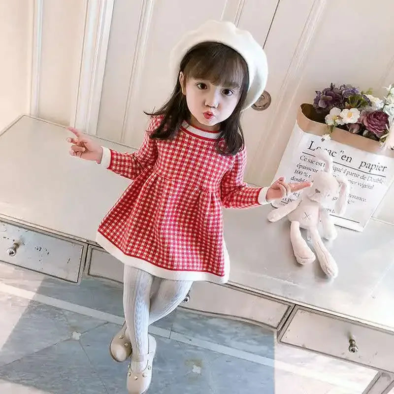 red and white girls winter knit dress for little girls with long sleeves and checkered pattern