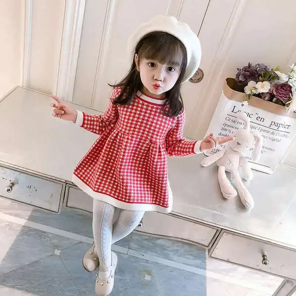red and white girls winter knit dress for little girls with long sleeves and checkered pattern