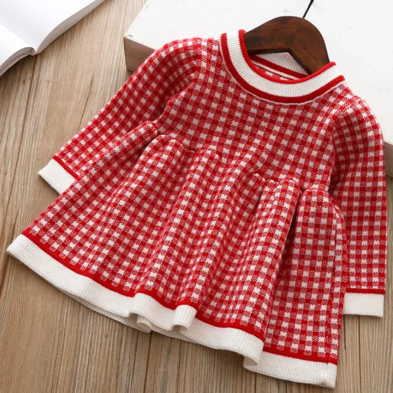 Red and white winter knit dress for little girls with checkered pattern and long sleeves