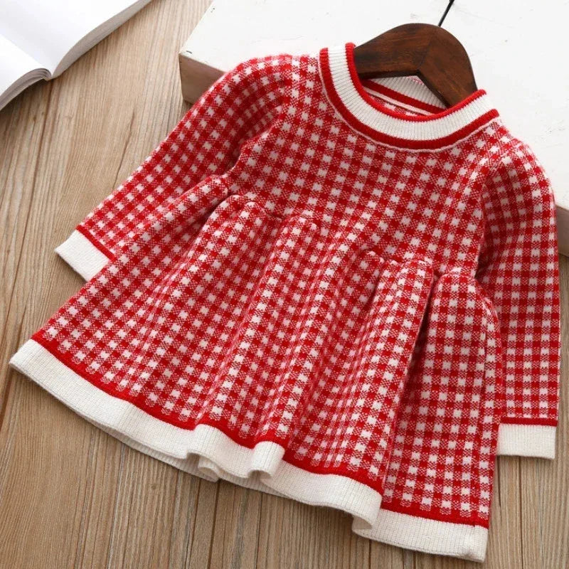 Red and white checkered winter knit dress for little girls with long sleeves and white trim
