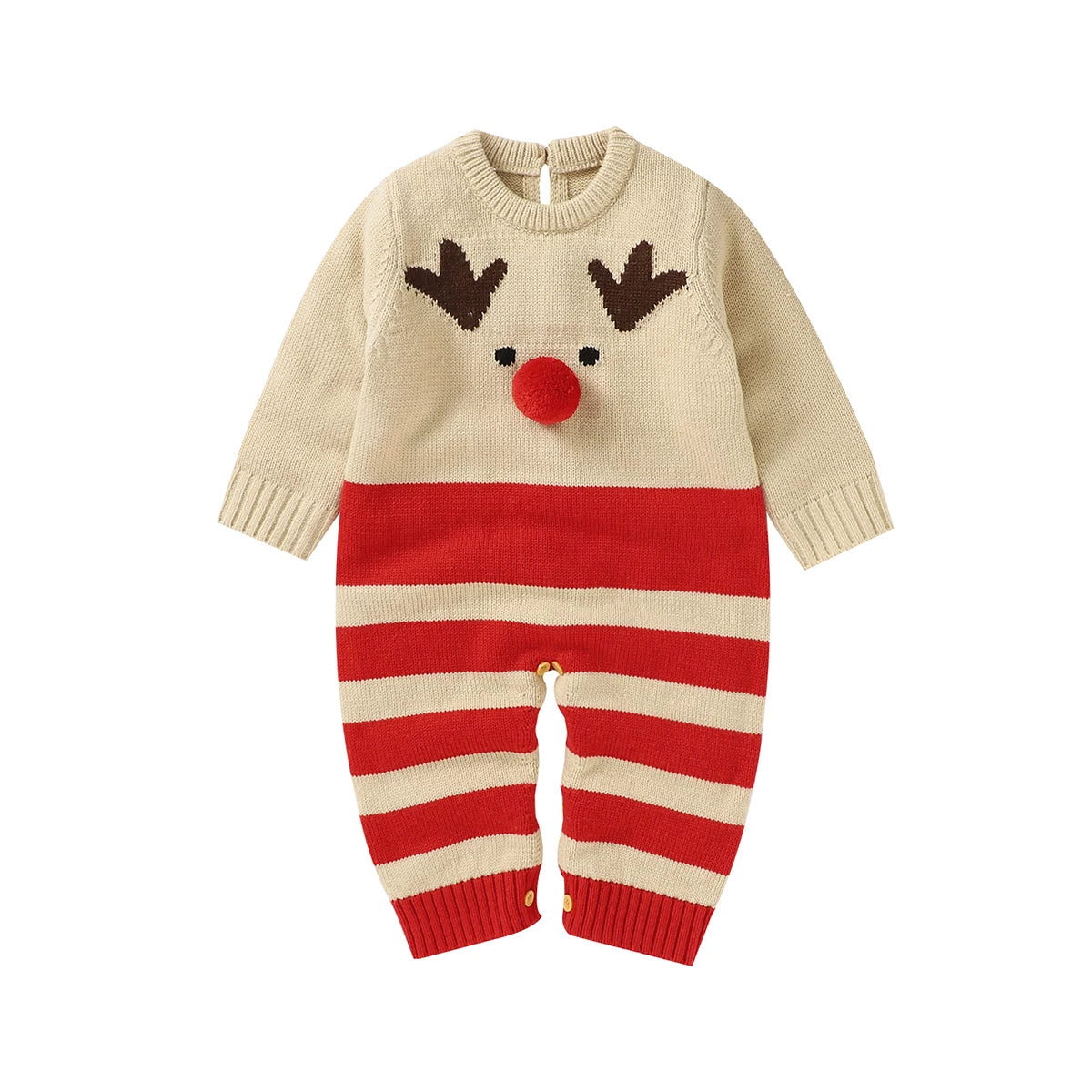 Beige and red winter knit rompers for babies with reindeer face and striped legs, long sleeve