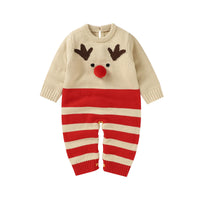 Beige and red winter knit rompers for babies with reindeer face and striped legs, long sleeve