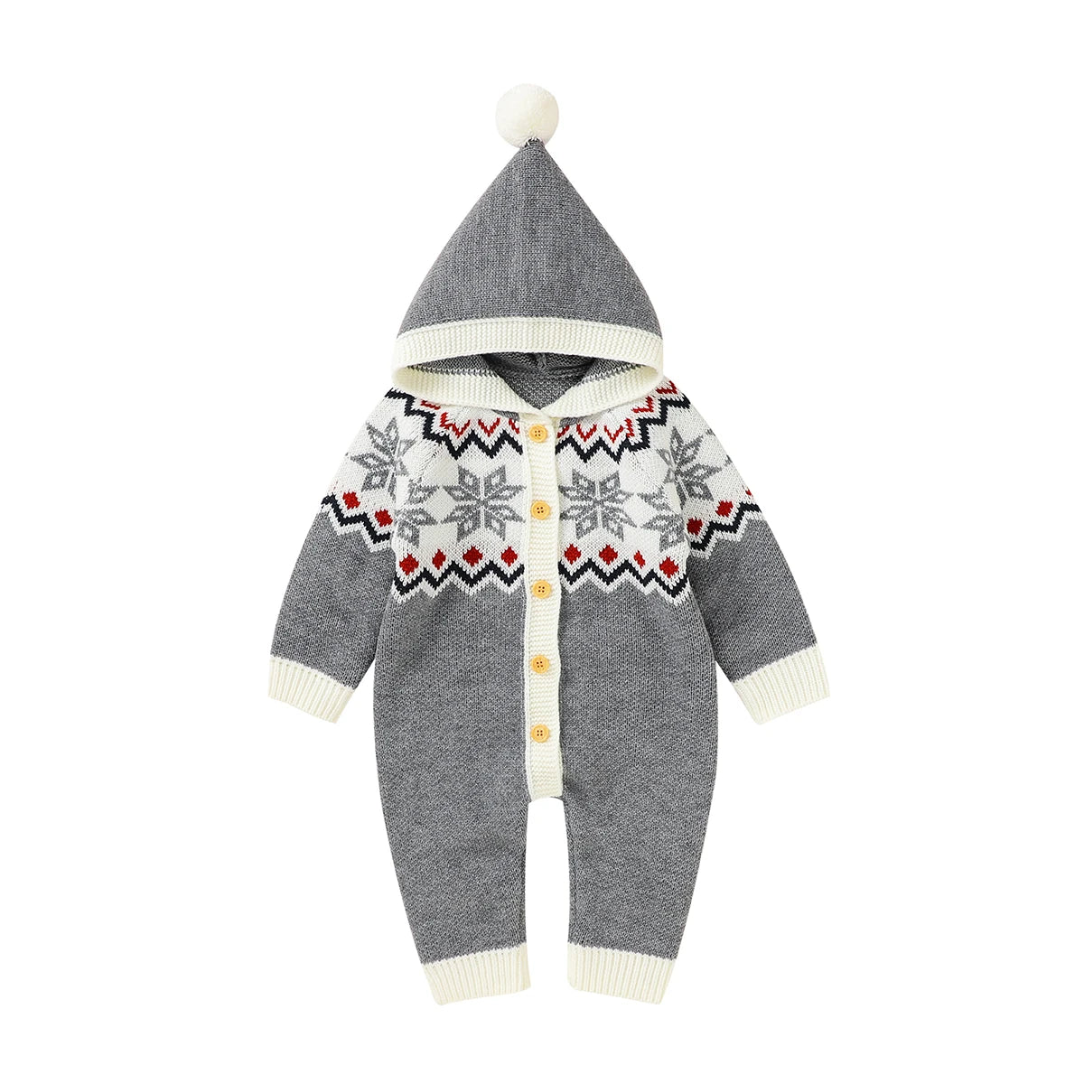gray and white winter knit rompers for babies with hood and snowflake pattern, long sleeve