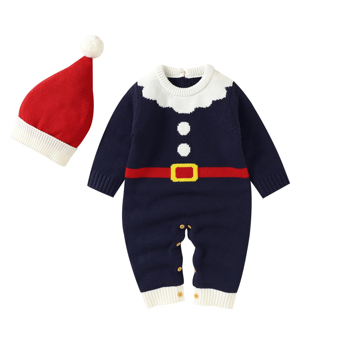 navy blue winter knit rompers for babies with white collar and red belt design, includes red Santa hat
