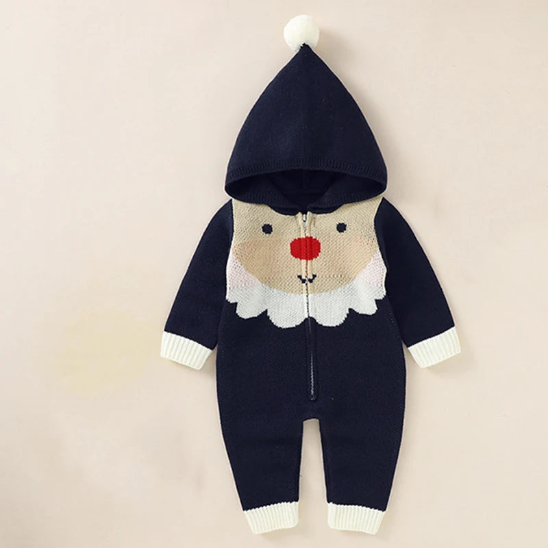 baby navy blue winter knit romper with hood and reindeer face design for infants
