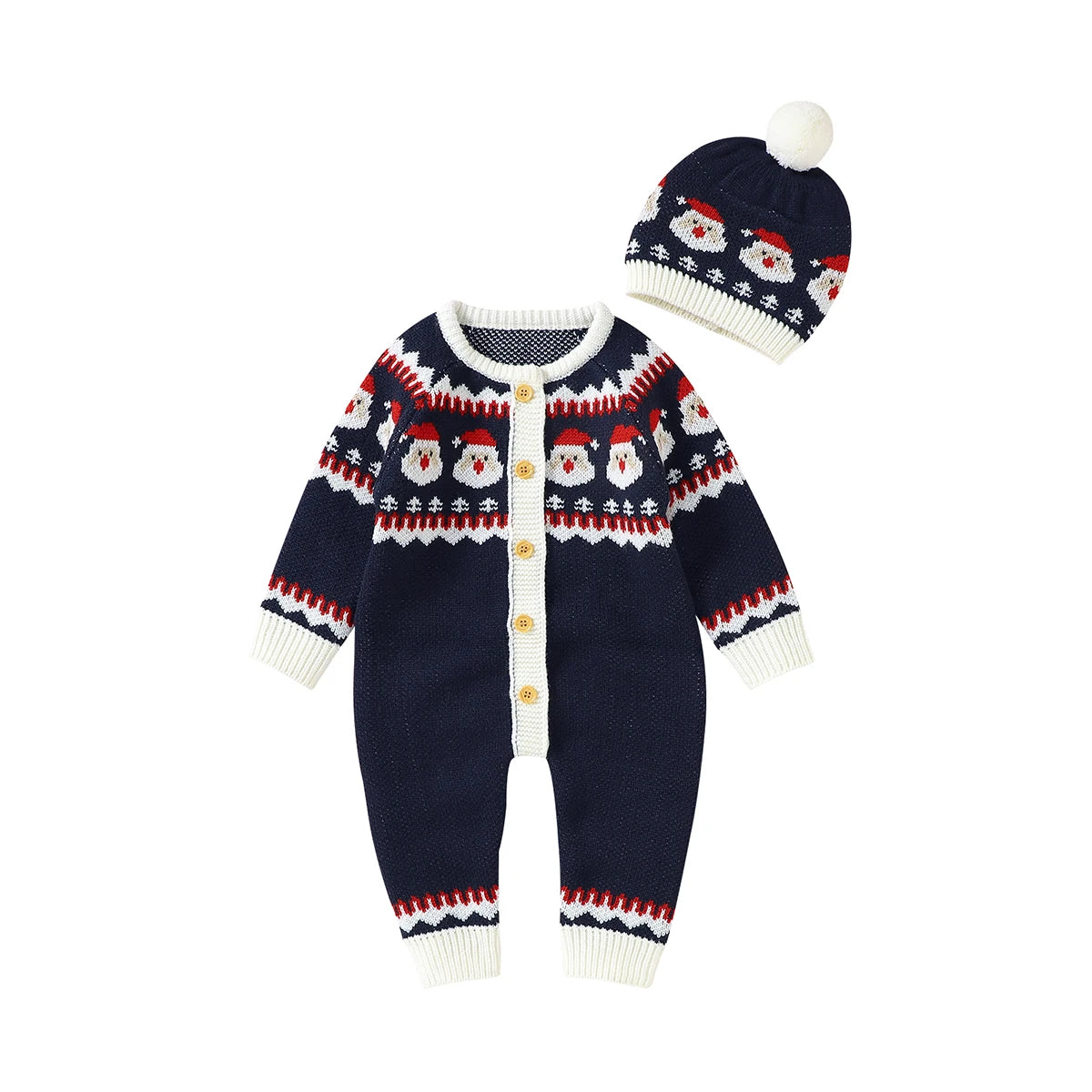 Navy blue winter knit rompers for babies with Santa pattern and matching pom pom hat