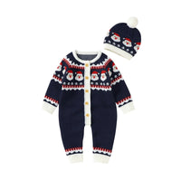 Navy blue winter knit rompers for babies with Santa pattern and matching pom pom hat
