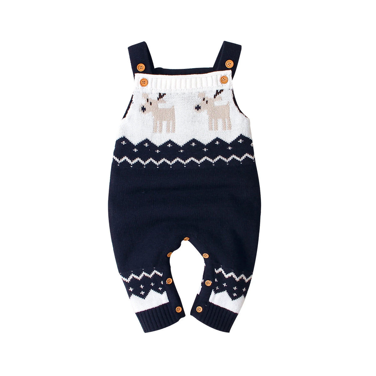 navy and white winter knit rompers for babies with reindeer pattern and button straps