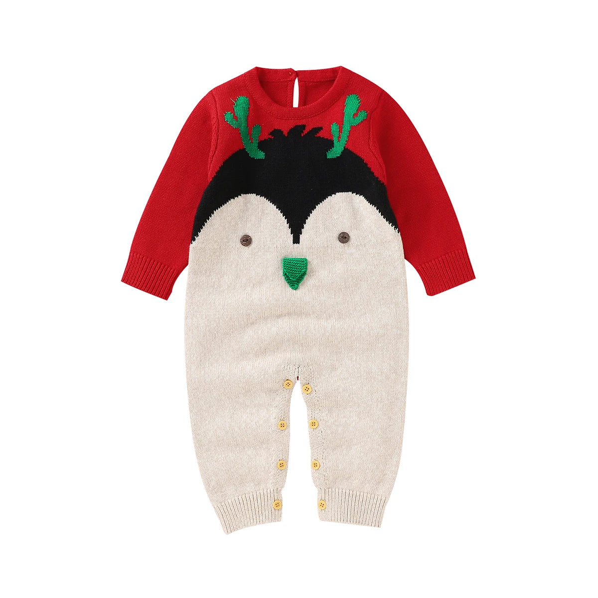 Baby winter knit romper in red and cream with penguin face and green antlers design