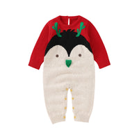 Baby winter knit romper in red and cream with penguin face and green antlers design