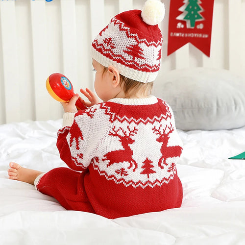 Red and white winter knit rompers for babies with reindeer and tree pattern, size suitable for infants